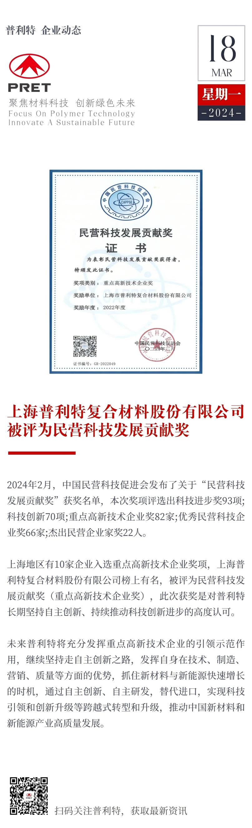 普利特榮獲民營科技發(fā)展貢獻(xiàn)獎！